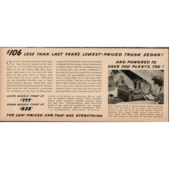 1939 Olds "60" 2-Door Sedan,Oldsmobile,General Motors Vintage Print Ad (L10) - Picture 3 of 3
